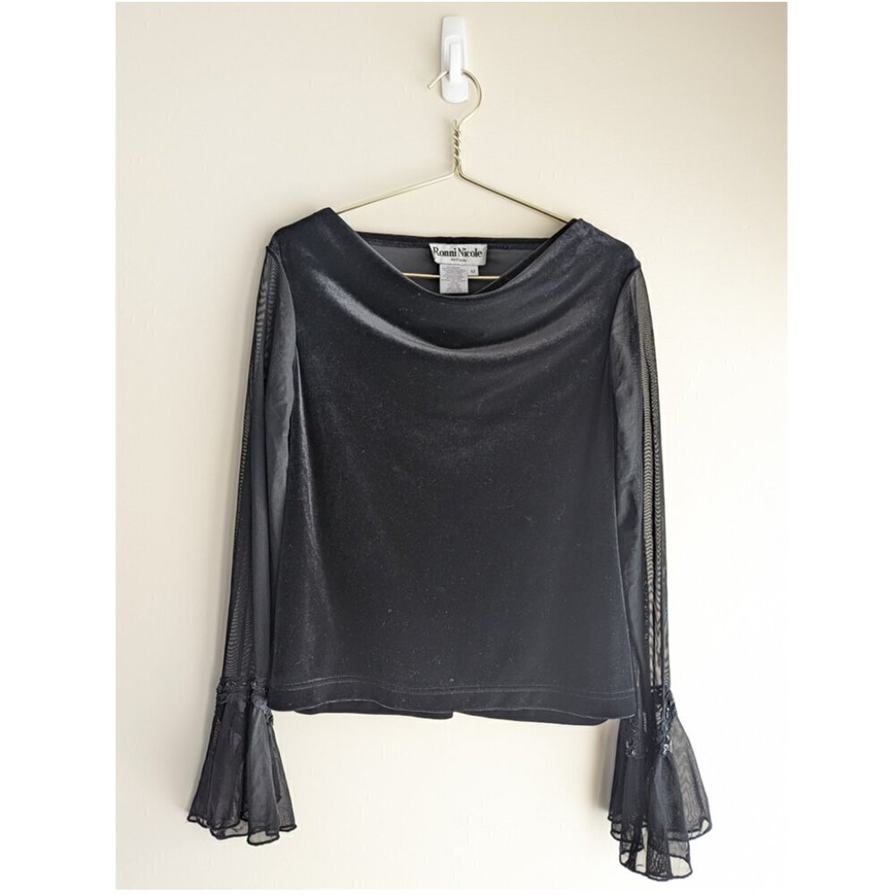 Ronnie Nicole Velvet Sheer Embroidered Mesh Sleeve Cowl Neck top